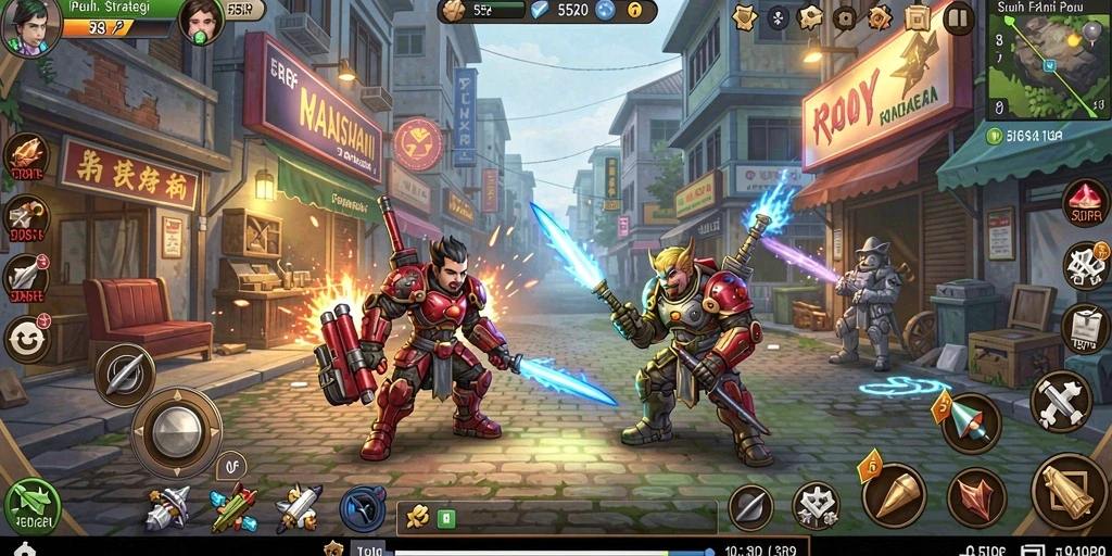 Screenshot gameplay 55RP menampilkan karakter yang mengumpulkan sumber daya secara otomatis.