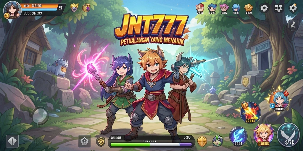 Tampilan screenshot JNT777 menunjukkan karakter anime yang dinamis dan penuh warna.