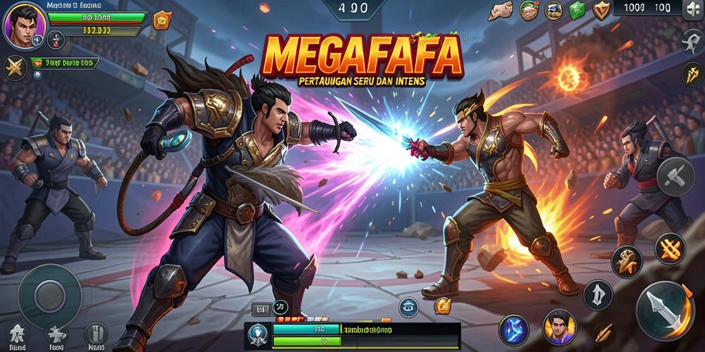 Gameplay pertarungan seru di MEGAFAFA dengan karakter unik.