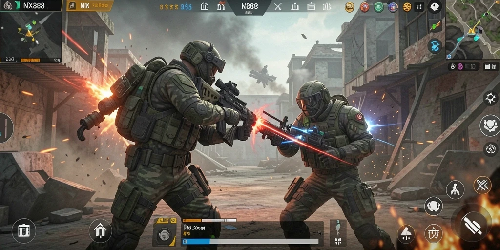 Gameplay seru dari NX888 dengan aksi tembak-menembak yang intens.