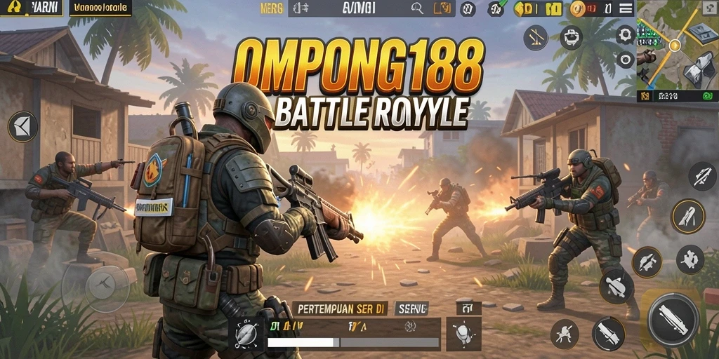 Screenshot utama OMPONG188 menampilkan aksi seru dalam Battle Royale.