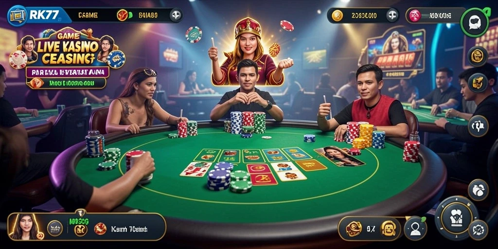 Screenshot menunjukkan dealer langsung dan suasana permainan live casino.