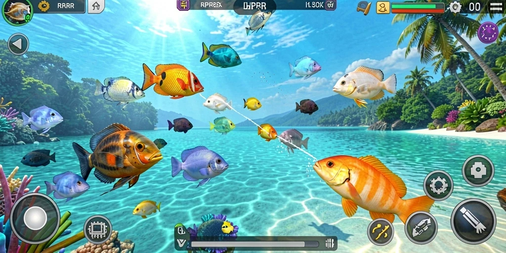 Screenshot gameplay RPRR menampilkan aksi seru menangkap ikan.