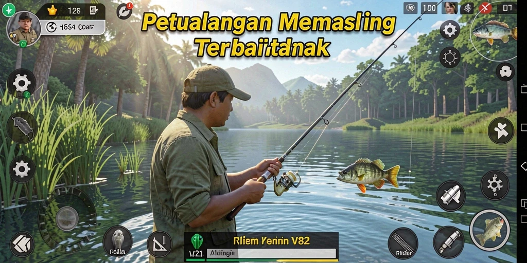 Skrinsut gameplay V21 yang menampilkan aksi memancing yang mendebarkan.