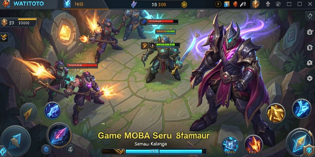 Screenshot gameplay WATITOTO menampilkan aksi seru dalam pertempuran MOBA.