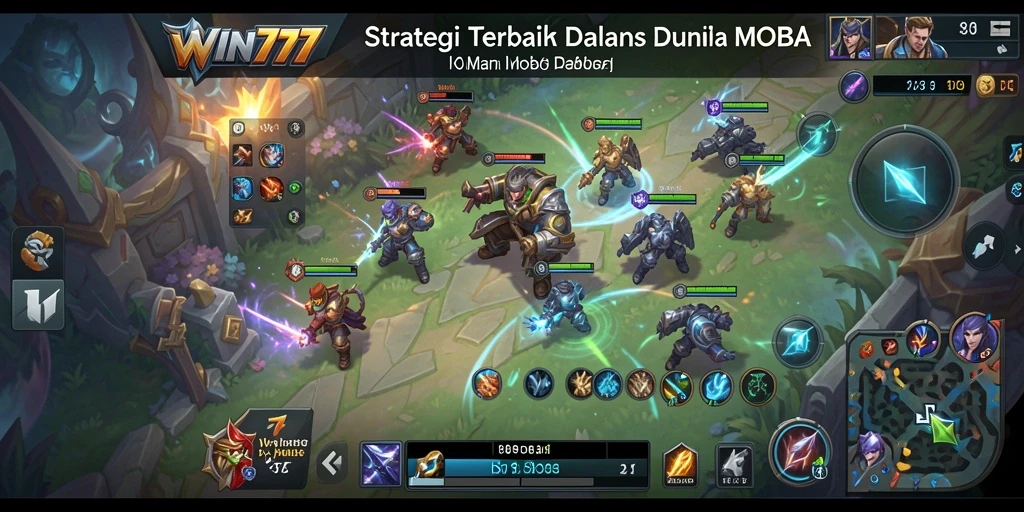 Screenshot gameplay WIN777 menampilkan pertarungan seru di arena MOBA.