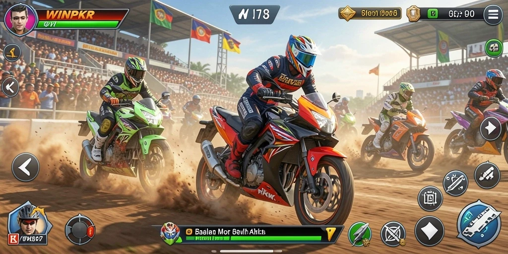 Gameplay seru balapan motor di WINPKR dengan lintasan menantang.